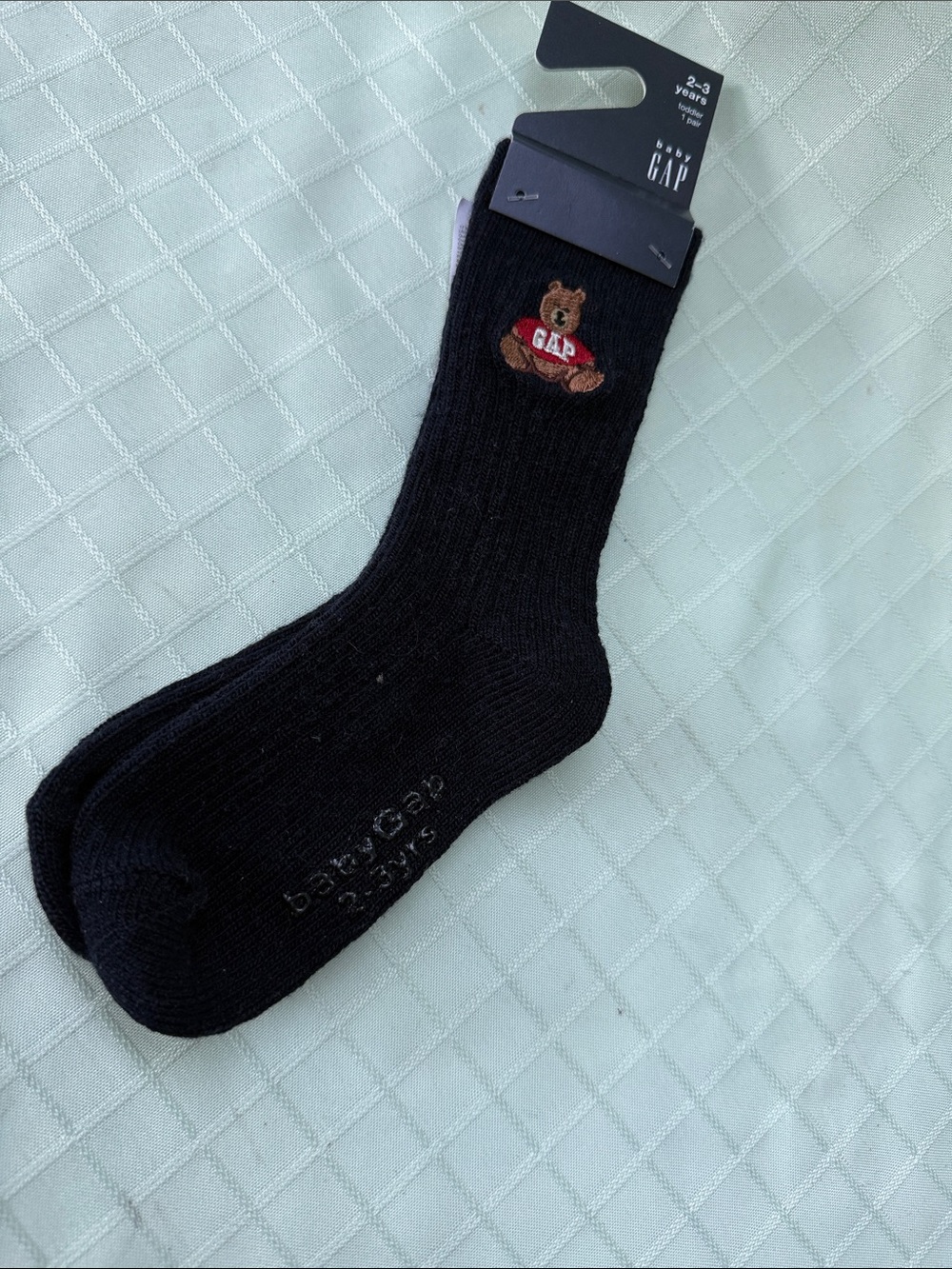 New baby GAP Black Crew Wool Blend Socks with Embroidered Teddy Bear
